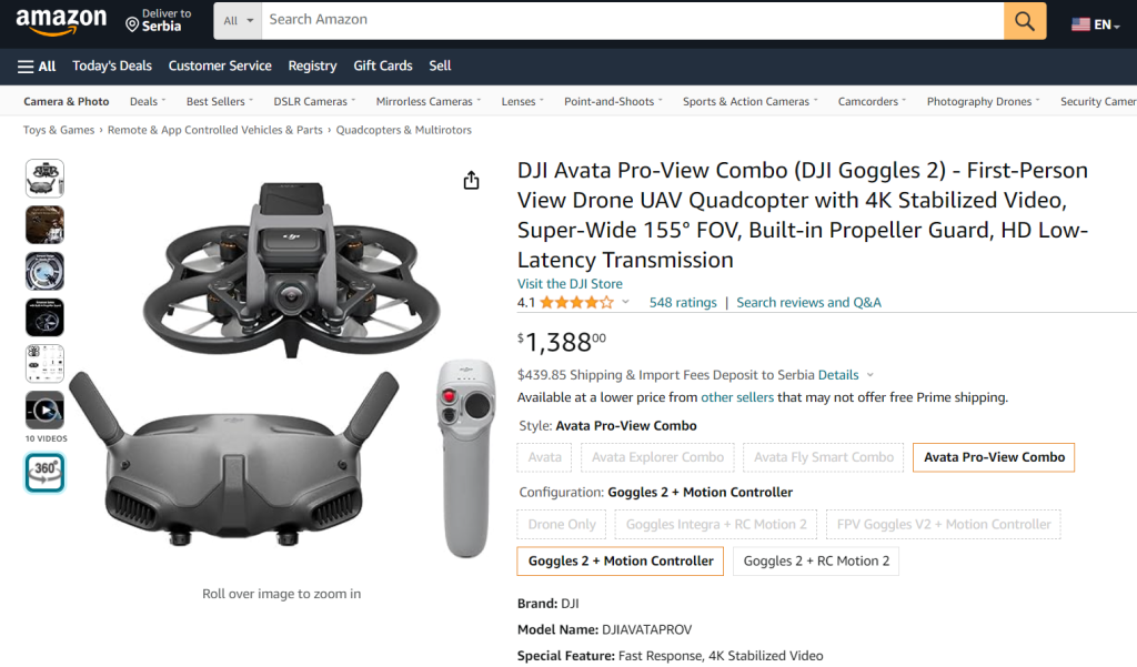 Dji Avata cena na web shopu Amazon - dronovi.rs