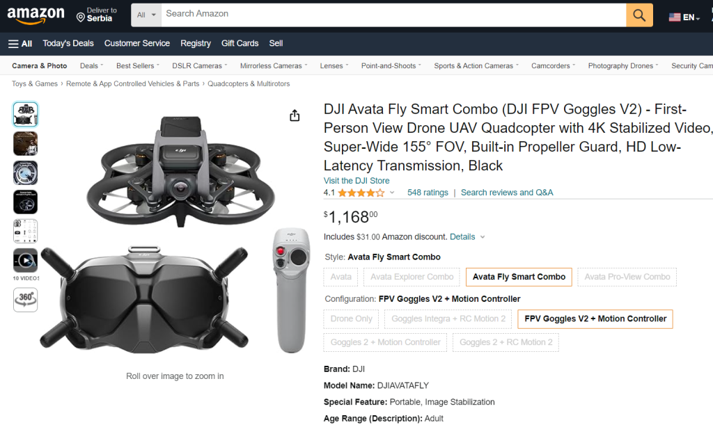 Dji Avata cena na web shopu Amazon.com - dronovi.rs
